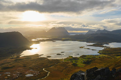 Aerial view of landscape, sea and mountains during sunset on moskenesoya lofoten north norway