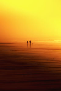 Silhouette people on beach against clear sky during sunset