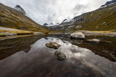 Scenic view of lake and mountains against sky