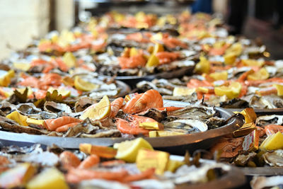 A large number of seafood dishes in front of a la rochelle restaurant in september 2019.