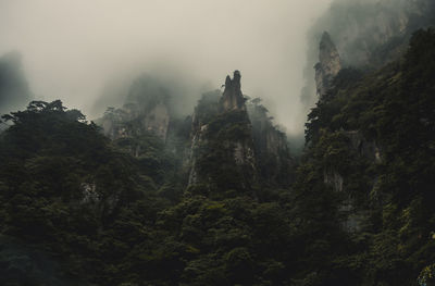 Scenic view of mountains in foggy weather