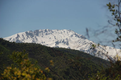 Scenic view of snowcapped mountains against clear sky