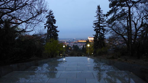 Footpath amidst trees and buildings against sky