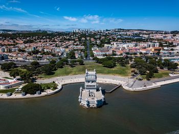 High angle view of town against sky