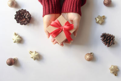 High angle view of christmas decorations on white background