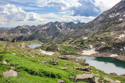 Scenic view of mountains and lake against sky