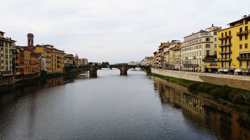 Bridge over river amidst buildings in city against sky