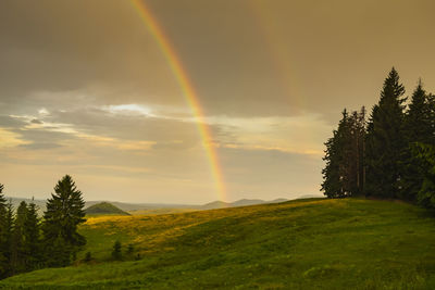 Scenic view of rainbow over landscape against sky