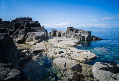 Rock formations by sea against blue sky