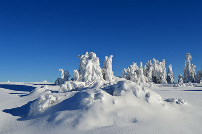 Snow covered landscape against clear blue sky