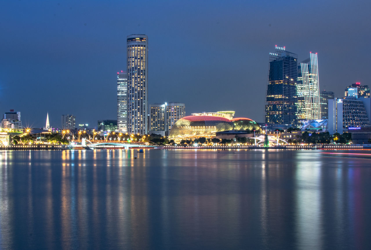 ILLUMINATED MODERN BUILDINGS IN CITY AT NIGHT