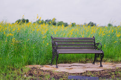 Empty bench on field against sky