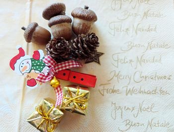 Close-up of christmas decorations on table