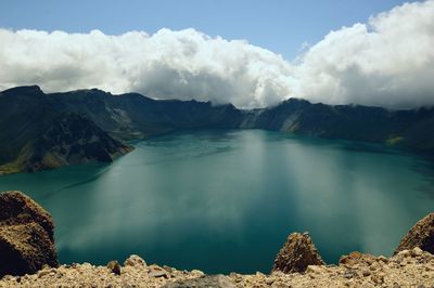 Panoramic view of lake and mountains against sky