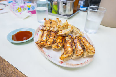 High angle view of food served on table