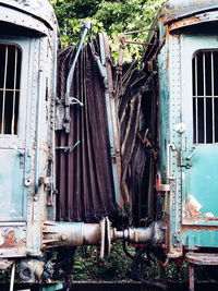 Old rusty bicycle against plants