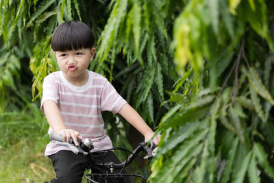 Boy riding bicycle by plants