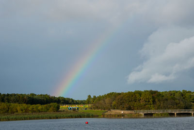 Rainbow over trees against sky