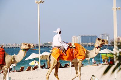 Rear view of man riding umbrellas against clear sky