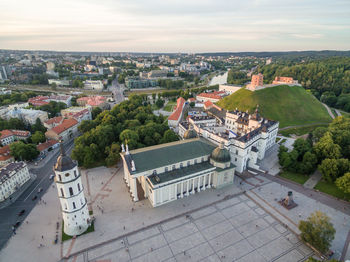 Cathedral square in vilnius old town. gediminas castle and hill of three crosses, national museum