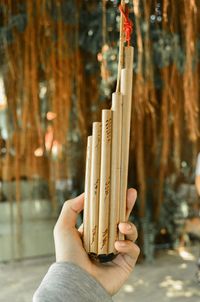 Close-up of hand holding wooden object