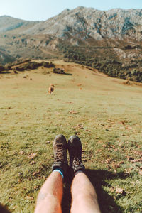 Close-up of a woman's legs with hiking boots in the forest