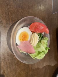 High angle view of breakfast served on table