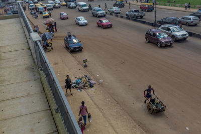 High angle view of people on road