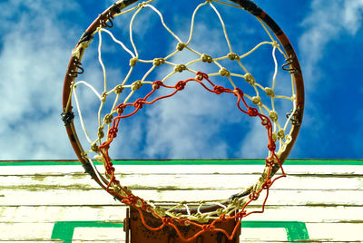 Low angle view of basketball hoop against blue sky