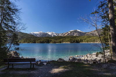 Scenic view of lake against clear blue sky