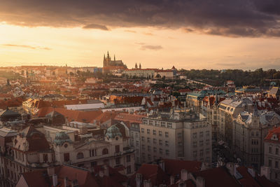 High angle view of townscape against sky during sunset