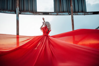 Close-up of red bird against sky