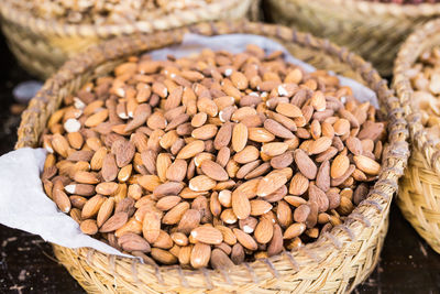 Close-up of peanuts in wicker basket