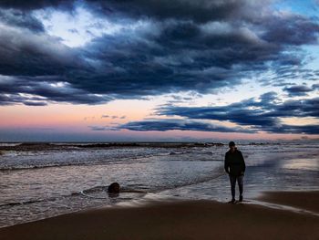 Rear view of man standing on beach against sky