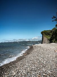 Scenic view of sea against clear blue sky