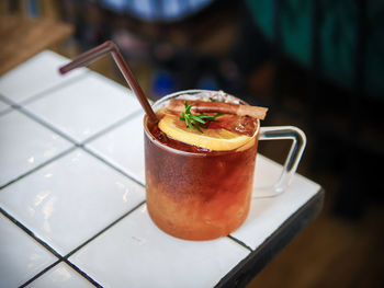 High angle view of drink on table