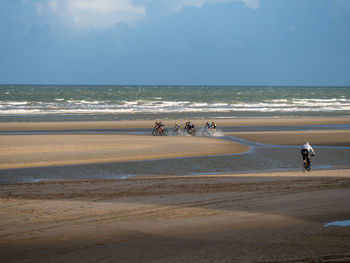 People on beach against sky