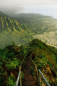 High angle view of agricultural landscape against sky