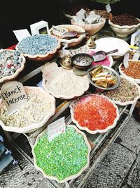 High angle view of various food on table