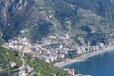 High angle view of cityscape and mountains