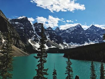 Scenic view of lake by snowcapped mountains against sky