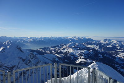 Scenic view of snowcapped mountains against clear blue sky