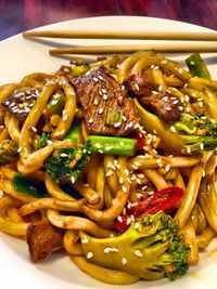 Close-up of noodles served in plate