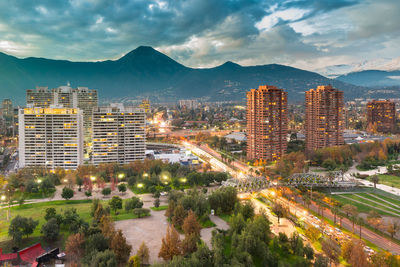 Elevated view of las condes district in santiago de chile and manquehue avenue with manquehue hill