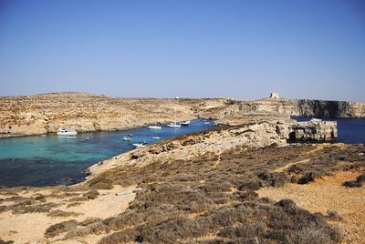 Scenic view of sea against clear blue sky