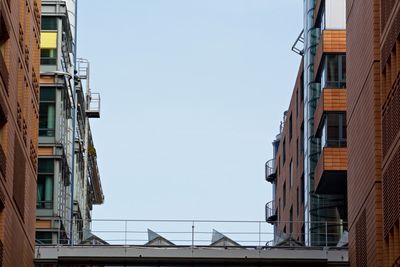 Low angle view of buildings against clear sky