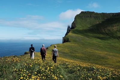 Rear view of people walking on land against sky