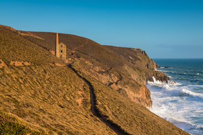 Scenic view of sea against clear blue sky