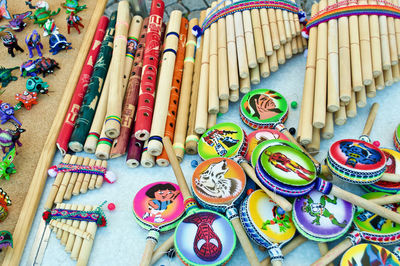 High angle view of multi colored toys for sale at market stall