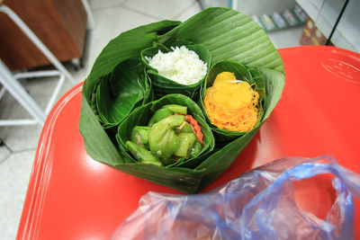 High angle view of vegetables on table